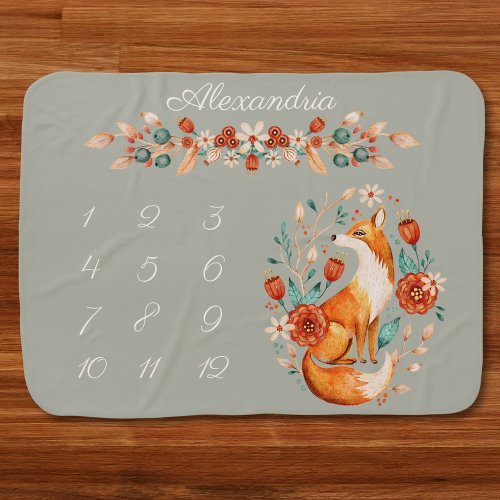 Floral Fox Cute Baby Monthly Milestone Picture Baby Blanket