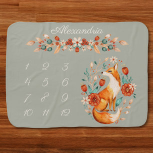 Floral Fox Cute Baby Monthly Milestone Picture Blanket