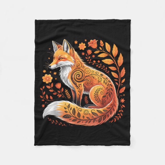 Floral Fox Flowers Art Fox In Autumn - Fall Fox  Fleece Blanket (Front)