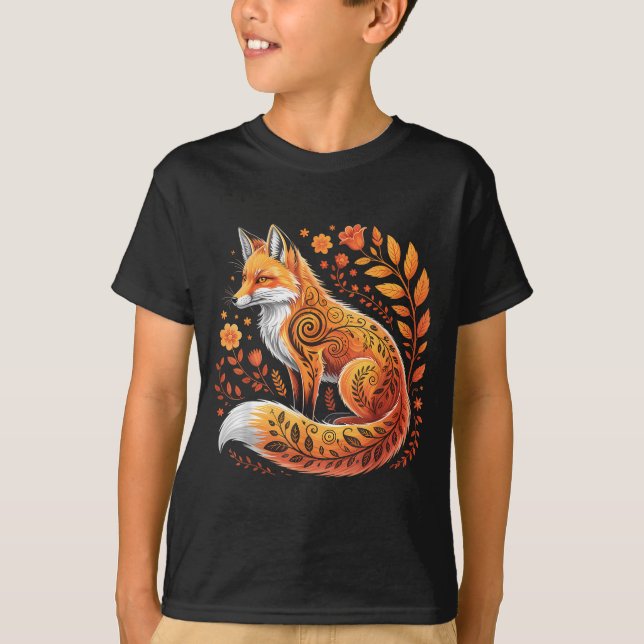 Floral Fox Flowers Art Fox In Autumn - Fall Fox  T-Shirt (Front)
