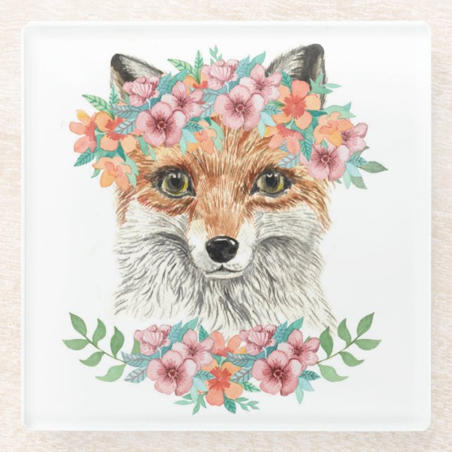 Floral Fox Glass Coaster (Front)
