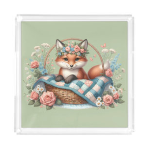 Floral Fox in Basket with Quilt & Flowers Acrylic Tray