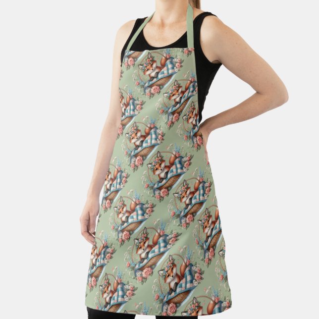 Floral Fox in Basket with Quilt & Flowers Apron (Insitu)