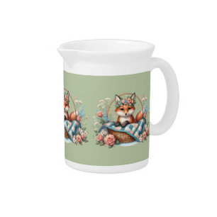 Floral Fox in Basket with Quilt & Flowers Beverage Pitcher