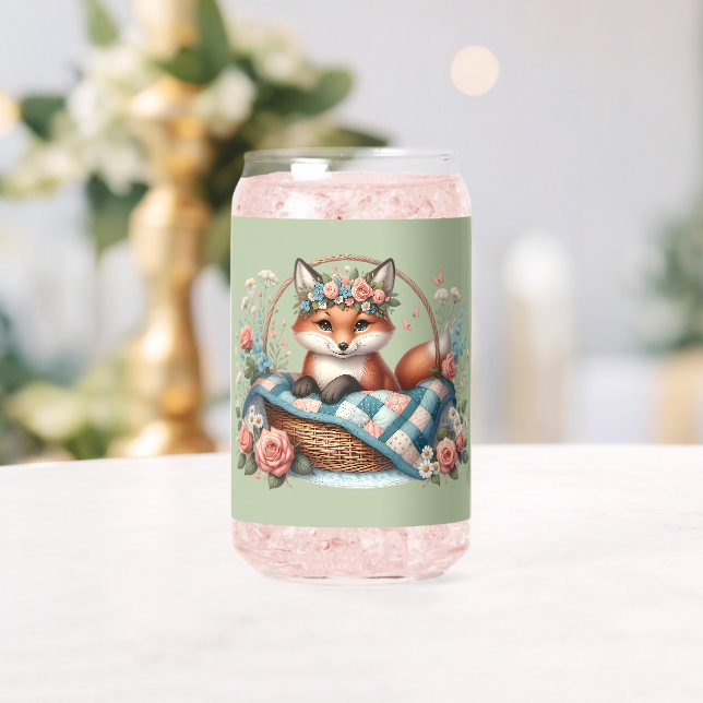 Floral Fox in Basket with Quilt & Flowers Can Glass (Insitu (Wedding))