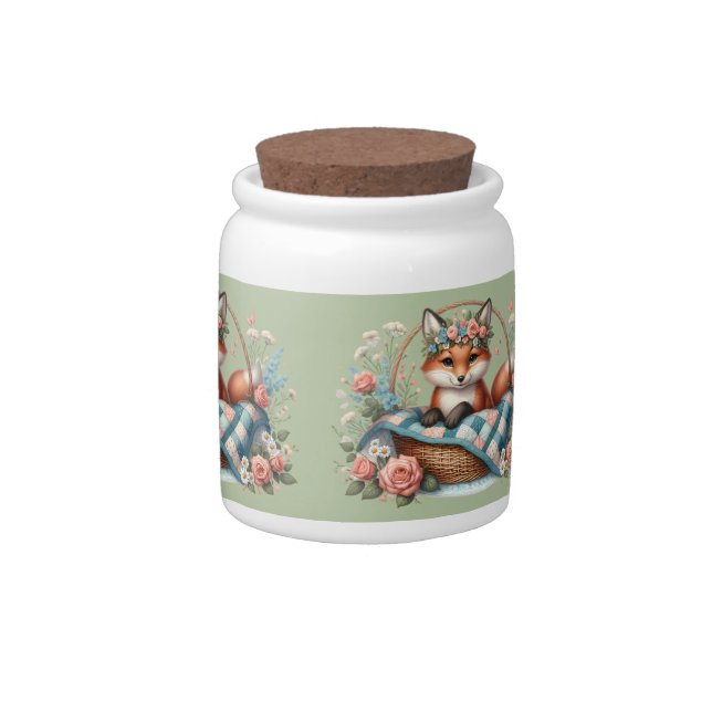 Floral Fox in Basket with Quilt & Flowers Candy Jar (Right)