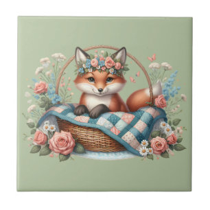 Floral Fox in Basket with Quilt & Flowers Ceramic Tile