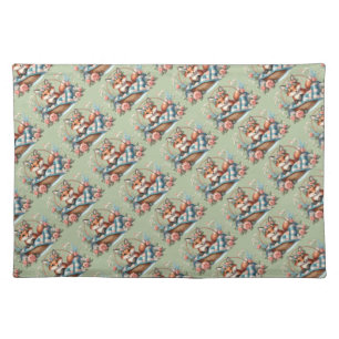 Floral Fox in Basket with Quilt & Flowers Cloth Placemat