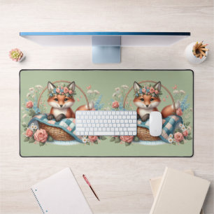 Floral Fox in Basket with Quilt & Flowers Desk Mat