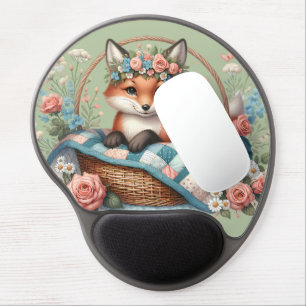 Floral Fox in Basket with Quilt & Flowers Gel Mouse Pad