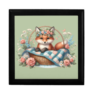 Floral Fox in Basket with Quilt & Flowers Gift Box