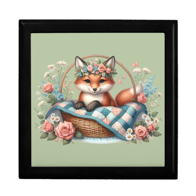 Floral Fox in Basket with Quilt & Flowers Gift Box (Front)