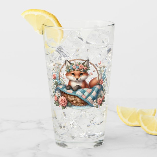 Floral Fox in Basket with Quilt & Flowers Glass (Front Ice)