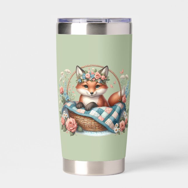 Floral Fox in Basket with Quilt & Flowers Insulated Tumbler (Front)