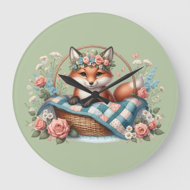 Floral Fox in Basket with Quilt & Flowers Large Clock (Front)