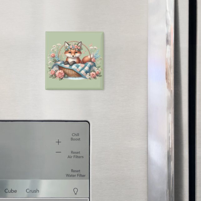 Floral Fox in Basket with Quilt & Flowers Magnet (In Situ (Fridge))