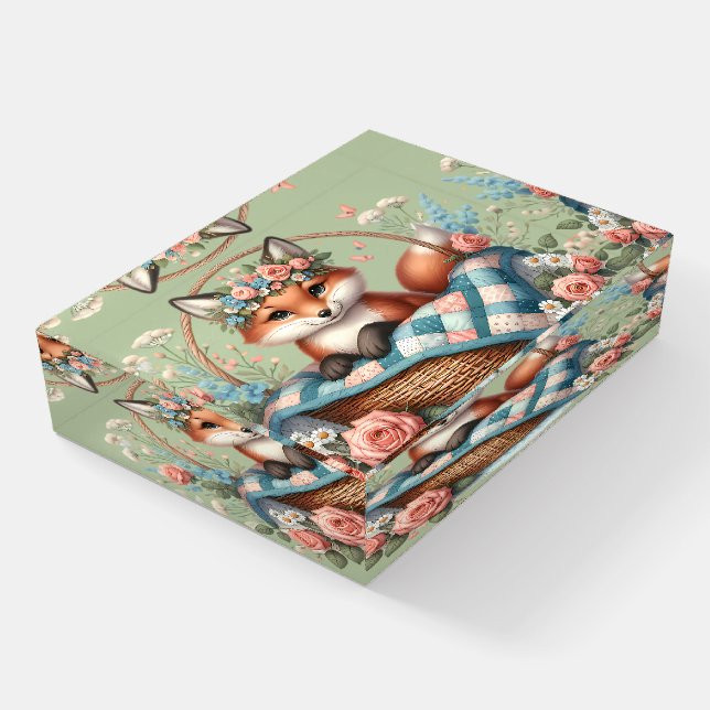 Floral Fox in Basket with Quilt & Flowers Paperweight (Angled)
