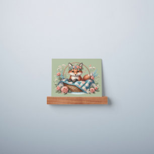 Floral Fox in Basket with Quilt & Flowers Picture Ledge
