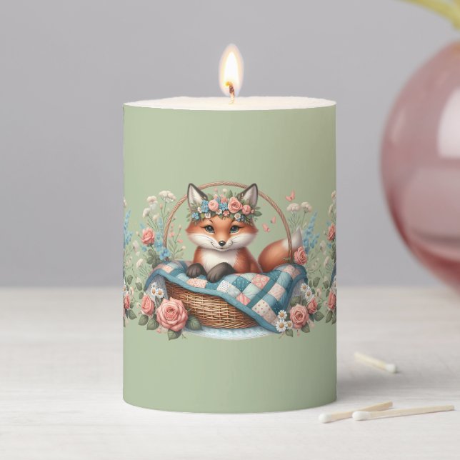 Floral Fox in Basket with Quilt & Flowers Pillar Candle (In Situ)
