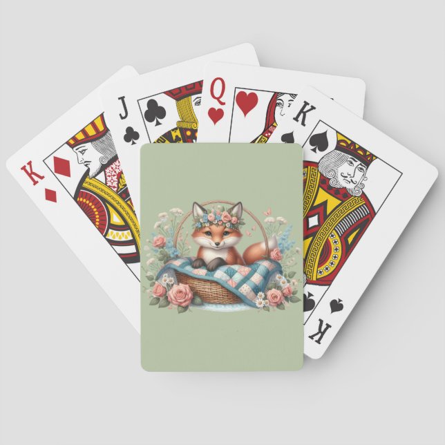 Floral Fox in Basket with Quilt & Flowers Poker Cards (Back)