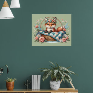 Floral Fox in Basket with Quilt & Flowers Poster