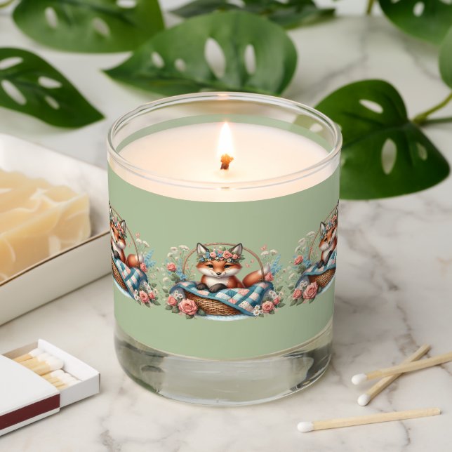 Floral Fox in Basket with Quilt & Flowers Scented Candle (Lit)