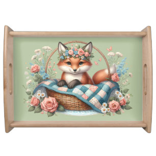 Floral Fox in Basket with Quilt & Flowers Serving Tray