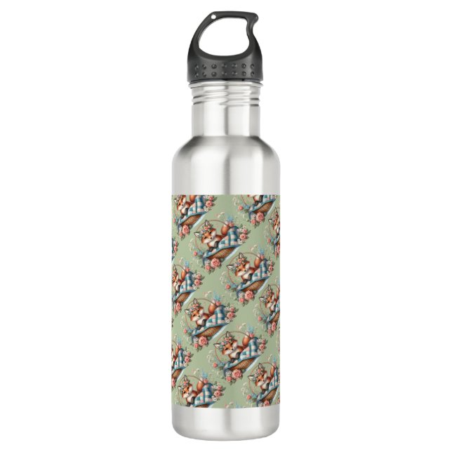 Floral Fox in Basket with Quilt & Flowers Stainless Steel Water Bottle (Front)
