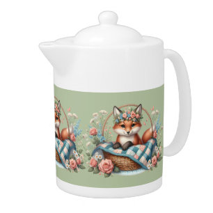 Floral Fox in Basket with Quilt & Flowers Teapot