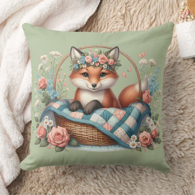 Floral Fox in Basket with Quilt & Flowers Throw Pillow (Blanket)