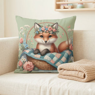 Floral Fox in Basket with Quilt & Flowers Throw Pillow