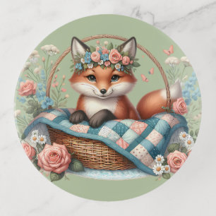 Floral Fox in Basket with Quilt & Flowers Trinket Tray
