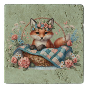Floral Fox in Basket with Quilt & Flowers Trivet