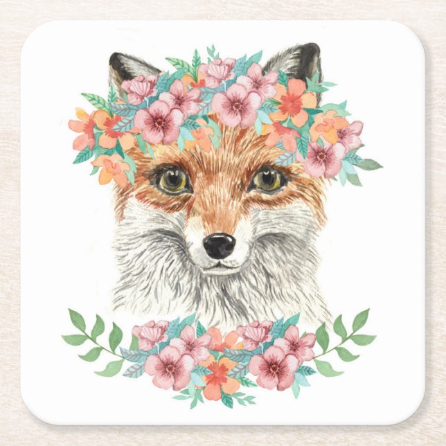 Floral Fox Square Paper Coaster (Front)