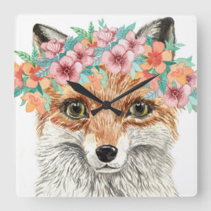 Floral Fox Square Wall Clock