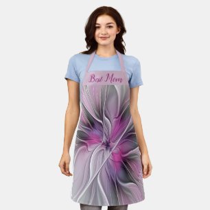 Floral Fractal Abstract Flower Pink Gray Best Mom Apron