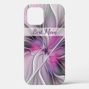 Floral Fractal Abstract Flower Pink Gray Best Mom iPhone 12 Case