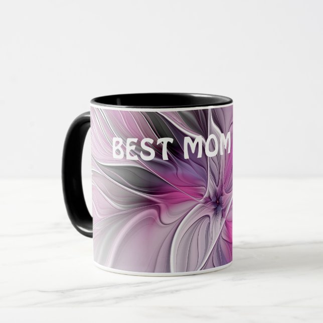Floral Fractal Abstract Flower Pink Gray Best Mom  Mug (Front Left)