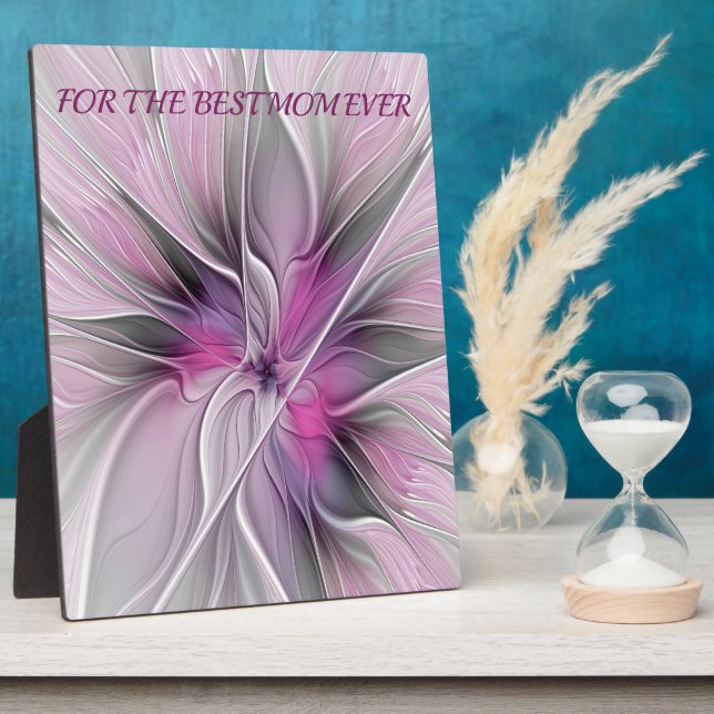 Floral Fractal Abstract Flower Pink Gray Best Mom Plaque (Side)