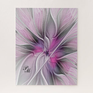 Floral Fractal Abstract Flower Pink Gray Initials Jigsaw Puzzle