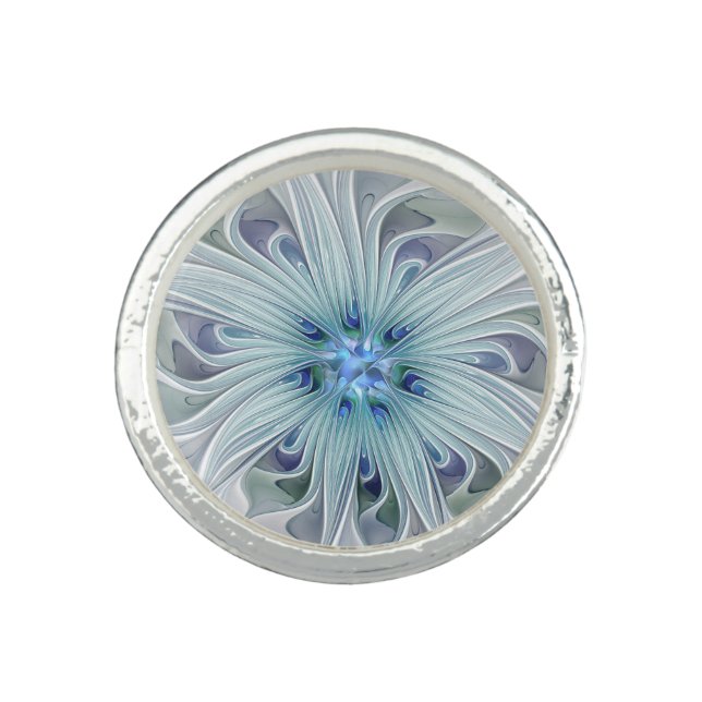Floral Fractal Art Abstract Blue Pastel Flower Ring (Front)