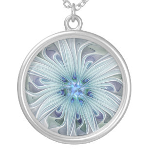 Floral Fractal Art Abstract Blue Pastel Flower Silver Plated Necklace