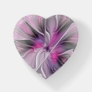 Floral Fractal Art Abstract Flower Pink Gray Heart Paperweight