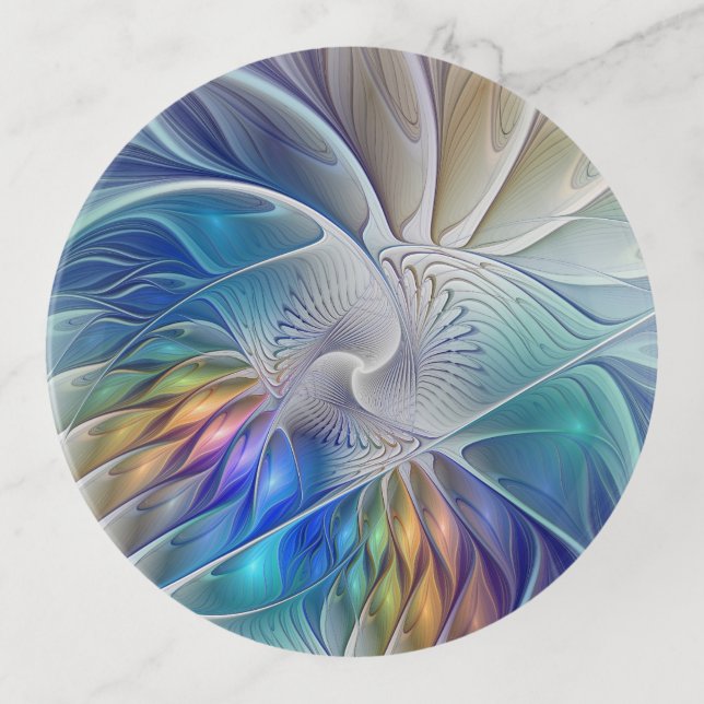 Floral Fractal Art, Colorful Abstract Flower Trinket Tray (Front)