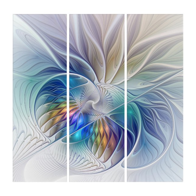 Floral Fractal Art, Colorful Abstract Flower Triptych (Front)