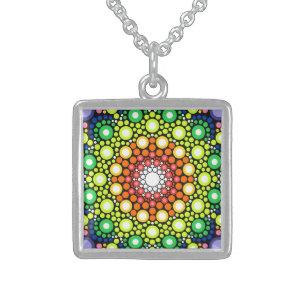 Floral Fractal Art Dotted Retro Mandala Sterling Silver Necklace