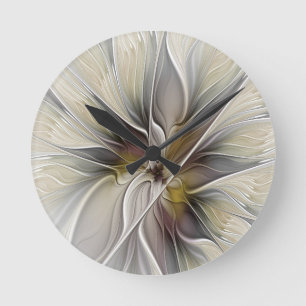 Floral Fractal, Fantasy Flower with Earth Colors Round Clock