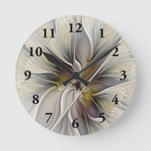 Floral Fractal, Fantasy Flower with Earth Colors Round Clock