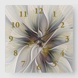 Floral Fractal, Fantasy Flower with Earth Colors Square Wall Clock