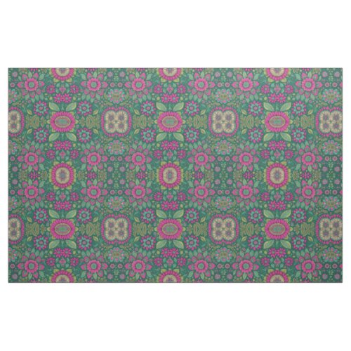 Floral Fractal Hippie Flowers Pink Green Vintage  Fabric